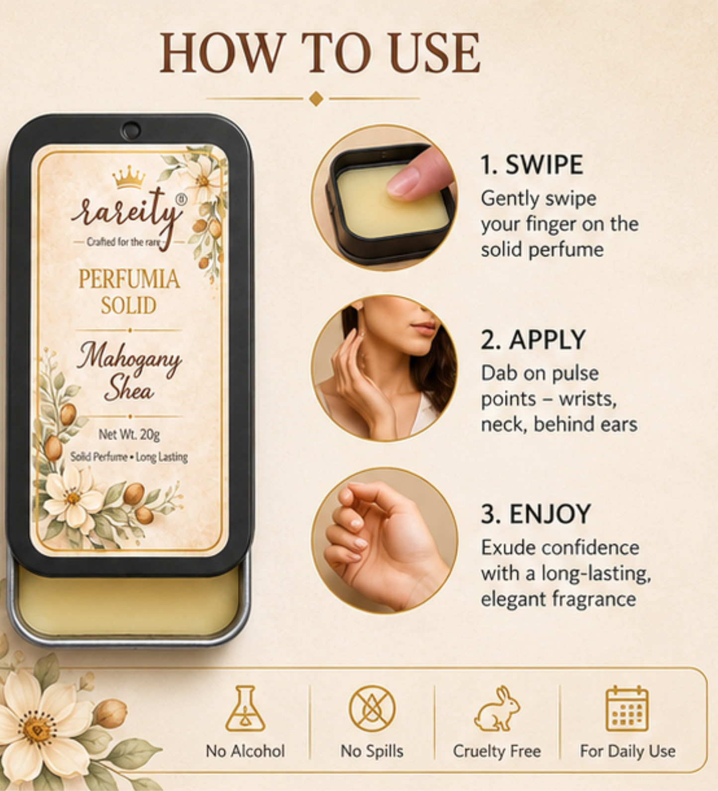 Solid Perfume – 20g Mahogany Shea Fragrance, Alcohol-Free, Beeswax & Shea Butter