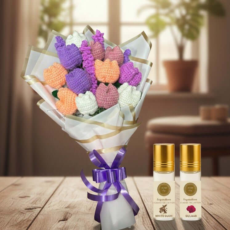 Hand Crochet Aroma, Crafted Blooms white Oudh and Gulaab ittar