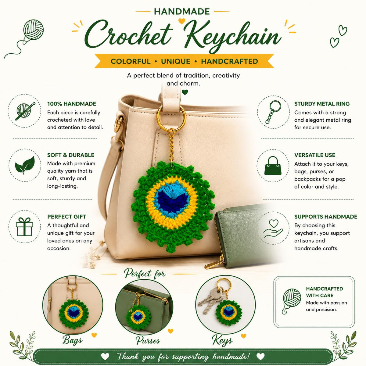Aromatic Handmade Crochet Peacock Feather Keychain