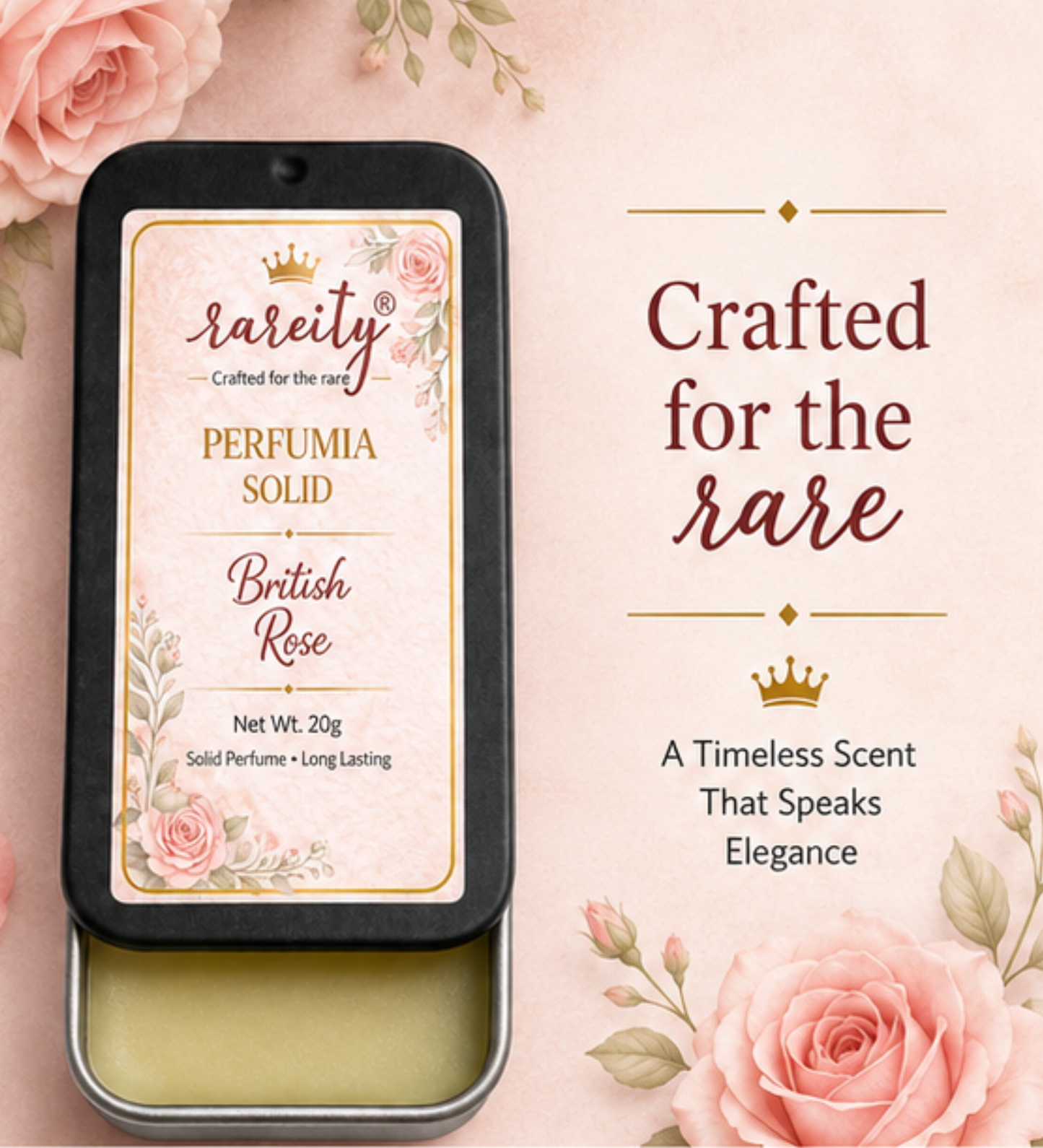 Solid Perfume – British Rose Fragranc -20g, Alcohol-Free, Beeswax & Shea Butter