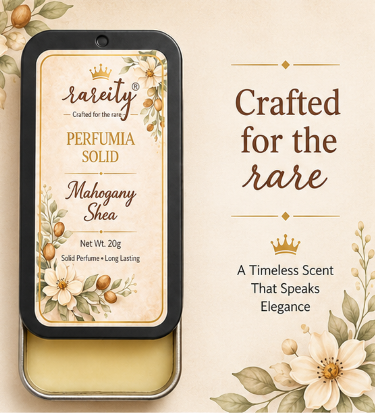 Solid Perfume – 20g Mahogany Shea Fragrance, Alcohol-Free, Beeswax & Shea Butter