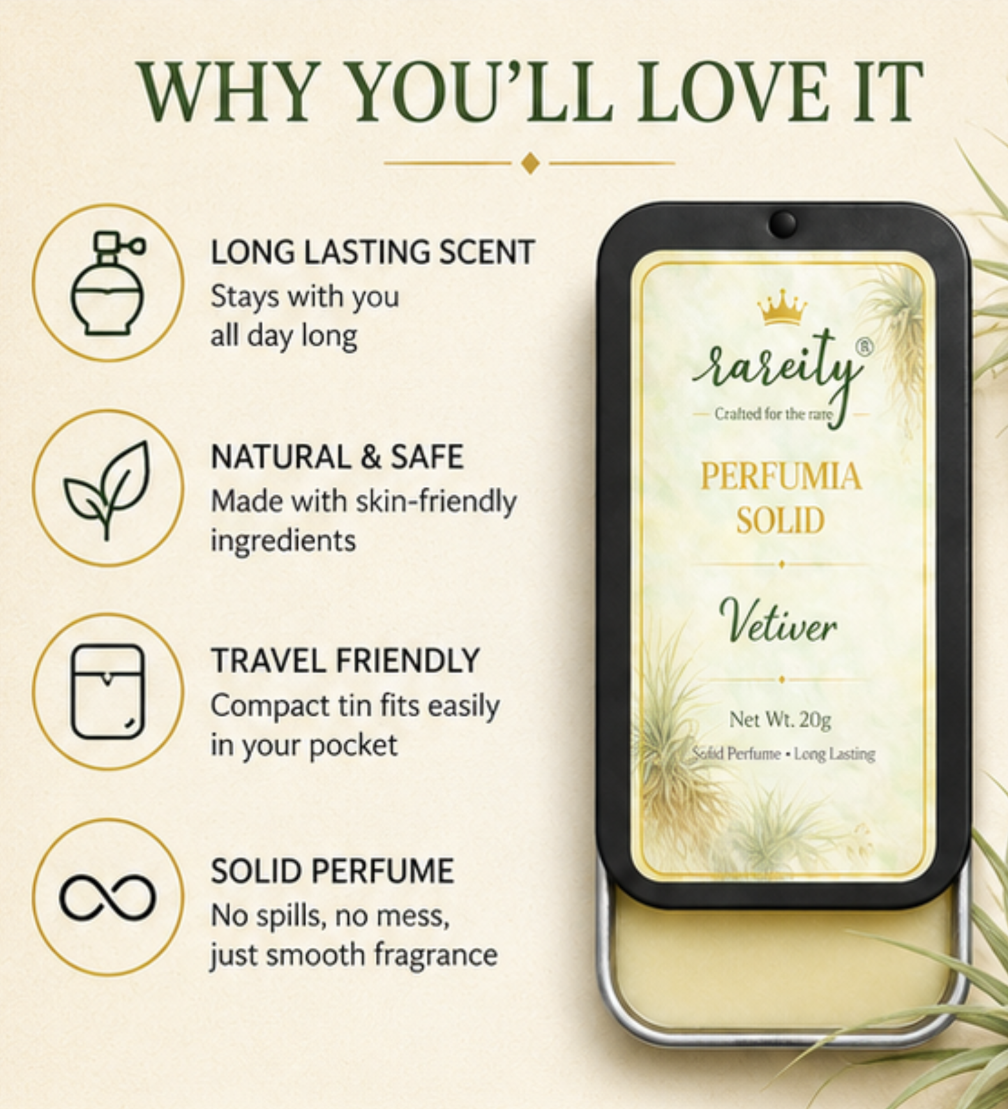 Solid Perfume 20g Vetiver Fragrance, Pocket Perfume, Alcohol-Free