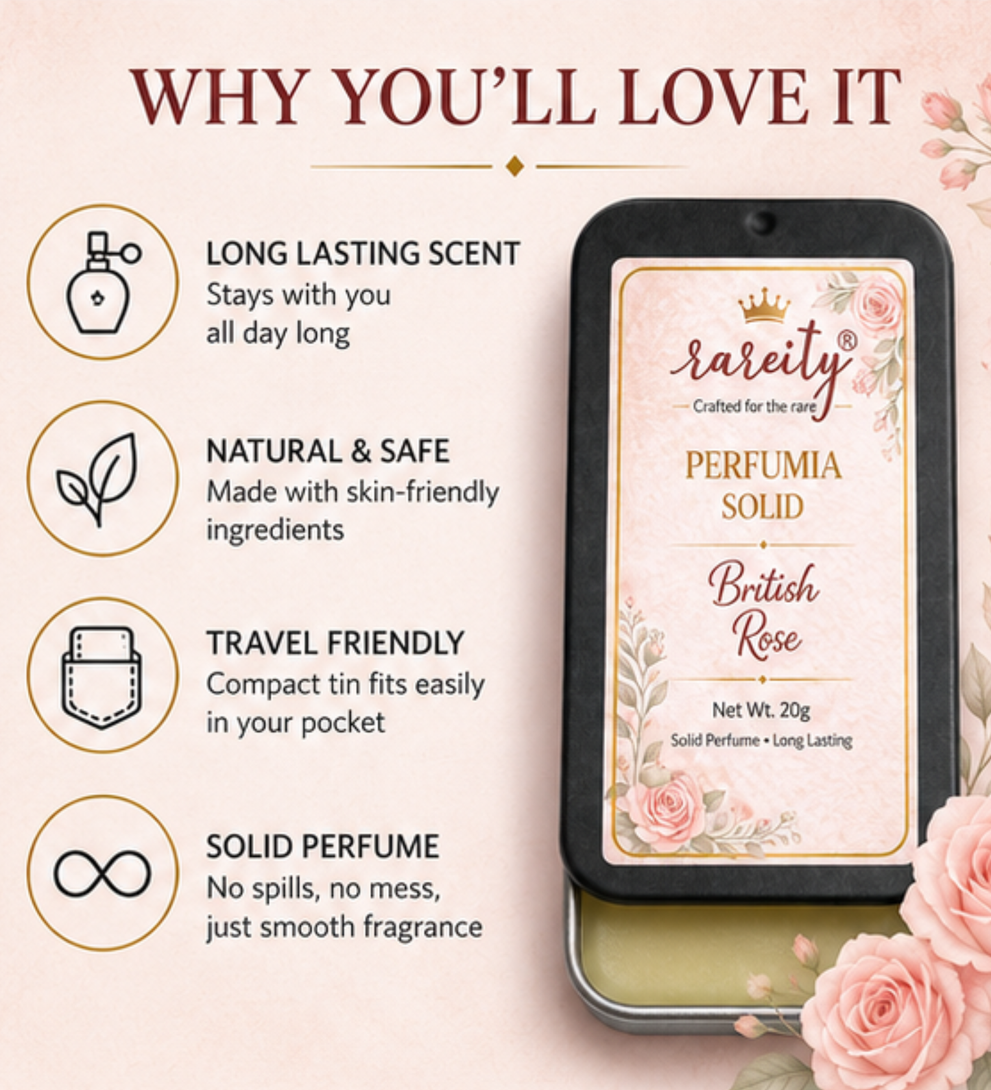 Solid Perfume – British Rose Fragranc -20g, Alcohol-Free, Beeswax & Shea Butter