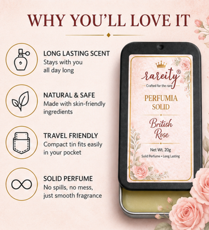 Solid Perfume – British Rose Fragranc -20g, Alcohol-Free, Beeswax & Shea Butter