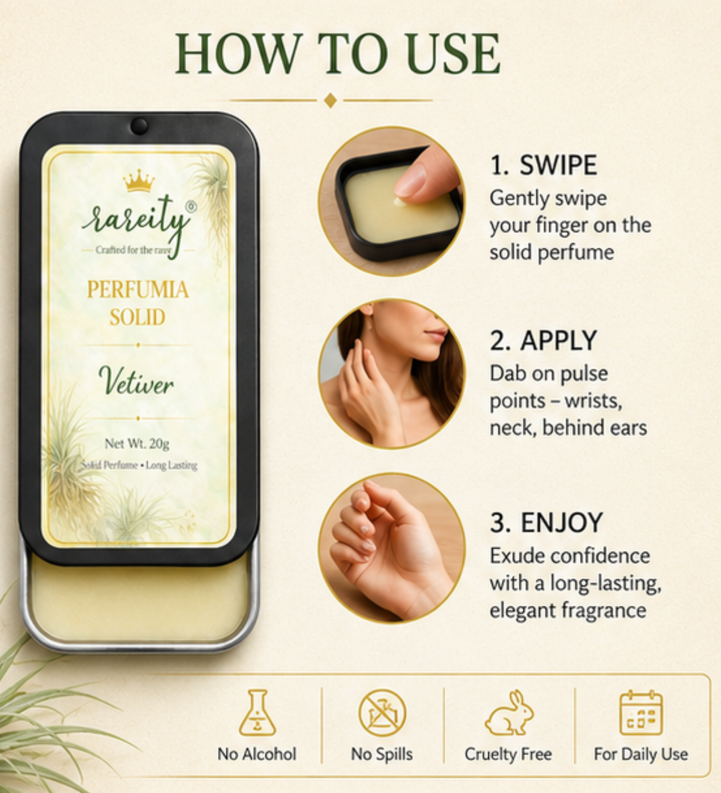 Solid Perfume 20g Vetiver Fragrance, Pocket Perfume, Alcohol-Free