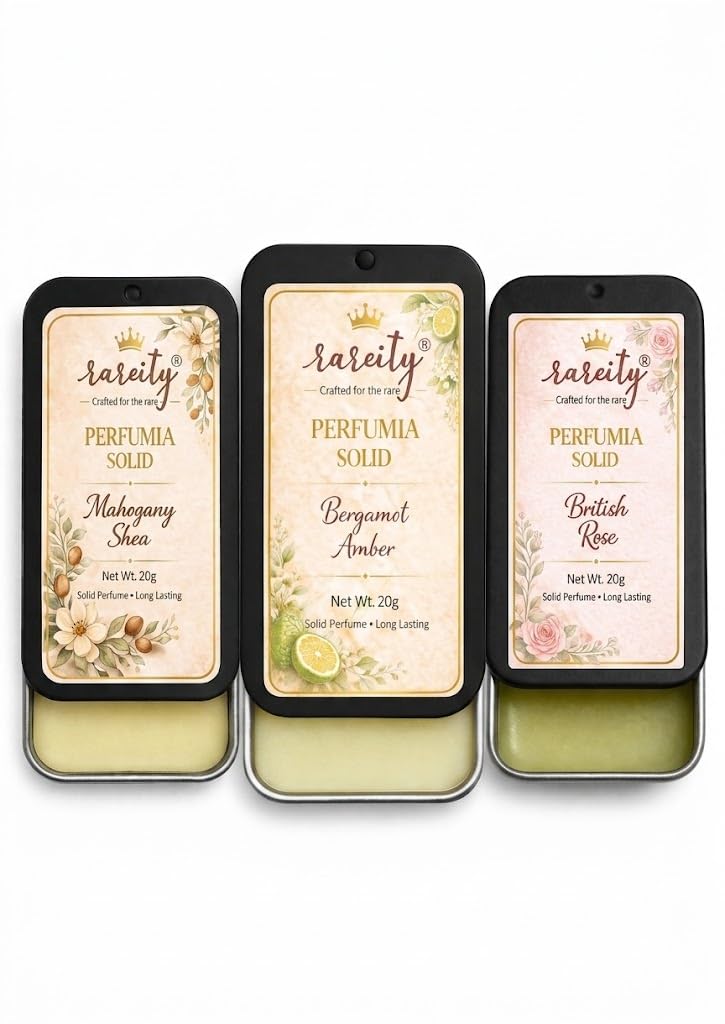 Perfume Solid Perfume Combo Pack of 3 | Mahogany Shea, Bergamot Amber & British Rose | Pocket Fragrance Balm | Travel Friendly Metal Tin | 20g Each | Unisex Aroma