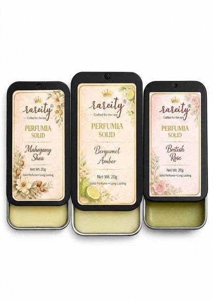 Perfume Solid Perfume Combo Pack of 3 | Mahogany Shea, Bergamot Amber & British Rose | Pocket Fragrance Balm | Travel Friendly Metal Tin | 20g Each | Unisex Aroma
