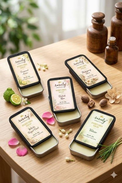 Perfume Solid Perfume Combo Pack of 5 | Bergamot Amber, Mahogany Shea, British Rose, White Royal Oud & Vetiver | Pocket Fragrance Balm | Travel Friendly | 20g Each