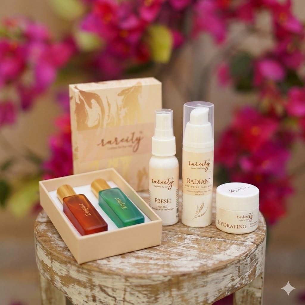 Self Care & Fragrance Gift Combo | Fresh Body Mist, Radiant Rice Water Face Wash, Hydrating Face Cream & Enigma + Zephyr Roll On Perfume Duo | Travel Friendly Beauty & Fragrance Kit | Pack of 5