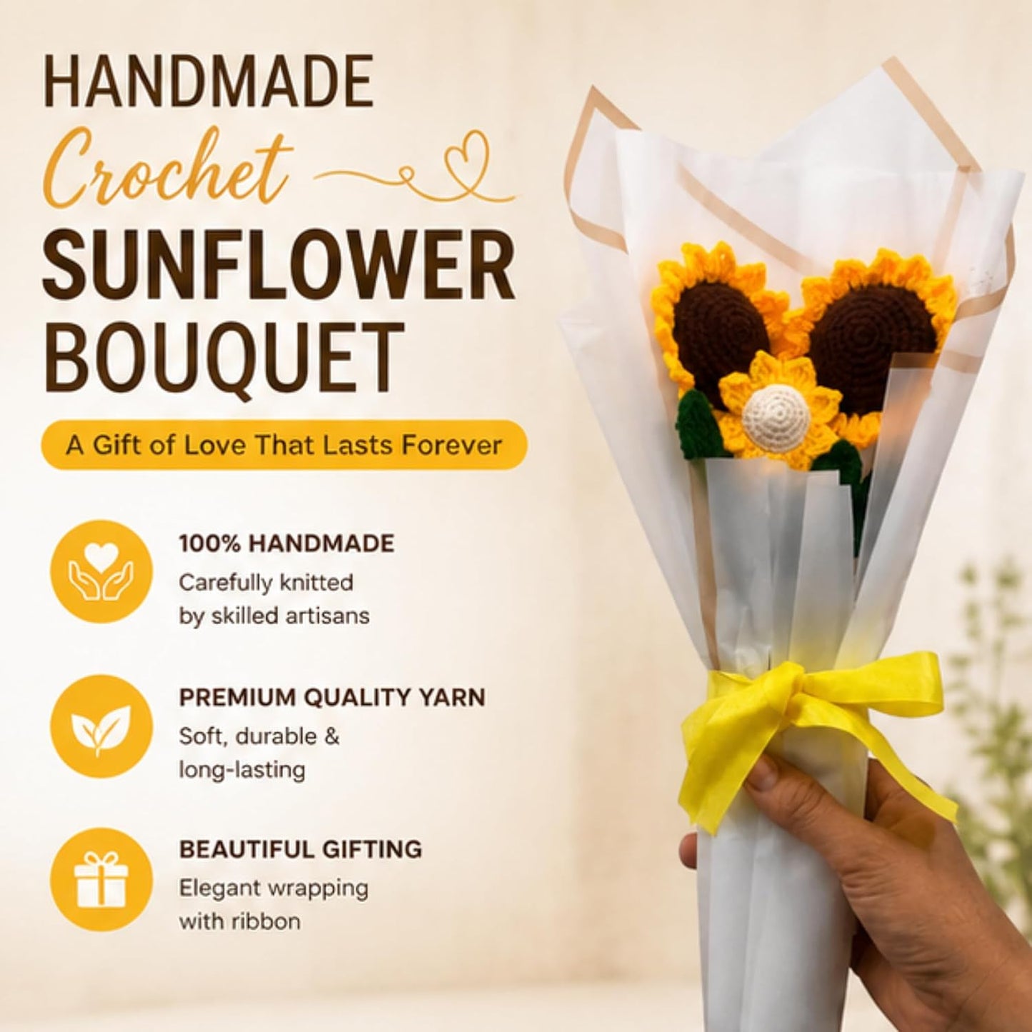Handmade Crochet Sunflower Flower Bouquet with Aroma, Romantic Gift for Women, Girlfriend, Wife, Mom & Friends