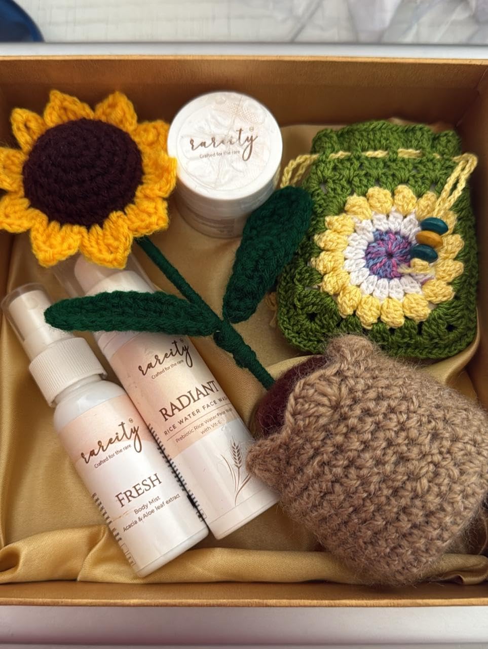Handmade Crochet Self-Care Gift Box with Face Mist, Rice Water Face Wash, Crochet Flower, Crochet Pouch