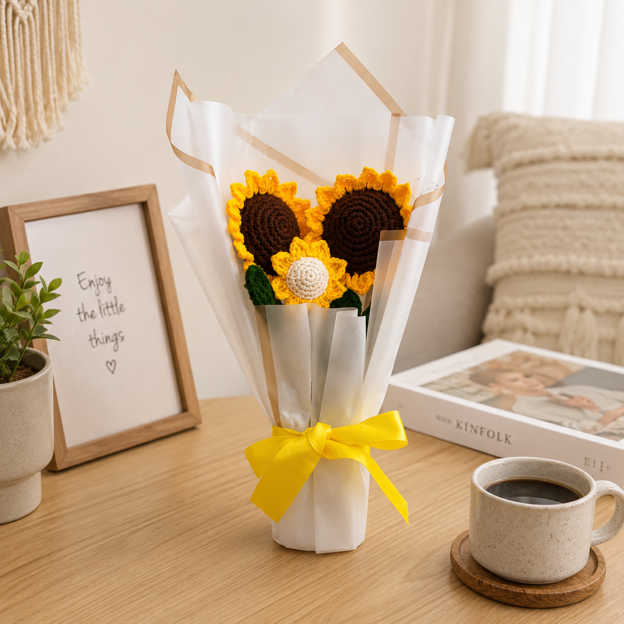 Handmade Crochet Sunflower Flower Bouquet with Aroma, Romantic Gift for Women, Girlfriend, Wife, Mom & Friends