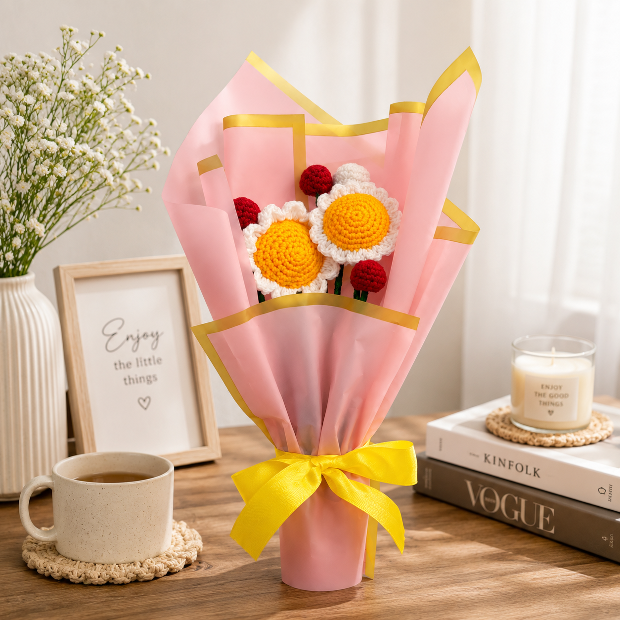 Handmade Crochet Daisy Flower Bouquet with Aroma, Gift for Women, Girlfriend, Wife, Mom & Friends