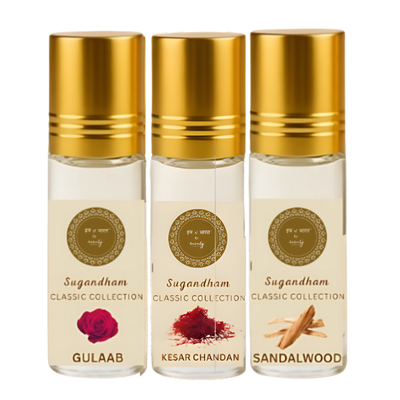Puja Special Roll-On Attar Perfume Combo – Gulaab, Kesar Chandan & Sandalwood